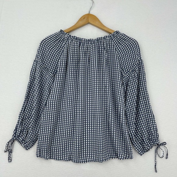 Flynn Skye Bobby Top Women XS Blue Plaid Off The Shoulder Crepe Blouse Shirt - Picture 11 of 11